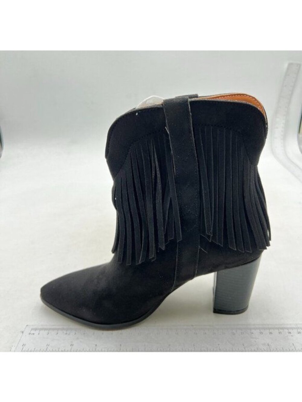 Women Tassel Western Booties Chunky Block Heel Suede Cowboy Ankle Boots Black